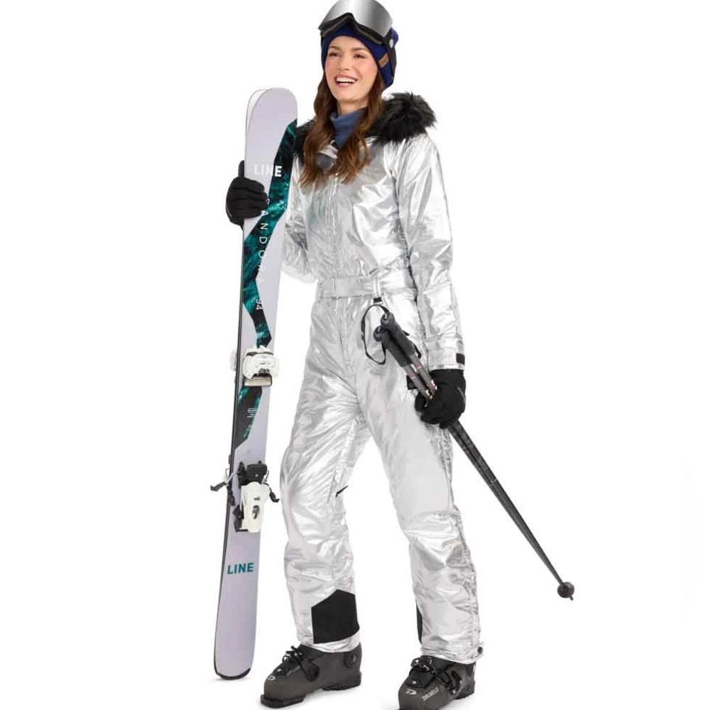 NWT Tipsy Elves Silver Bullet Ski Suit Snowboard Metallic Faux Fur Sz L